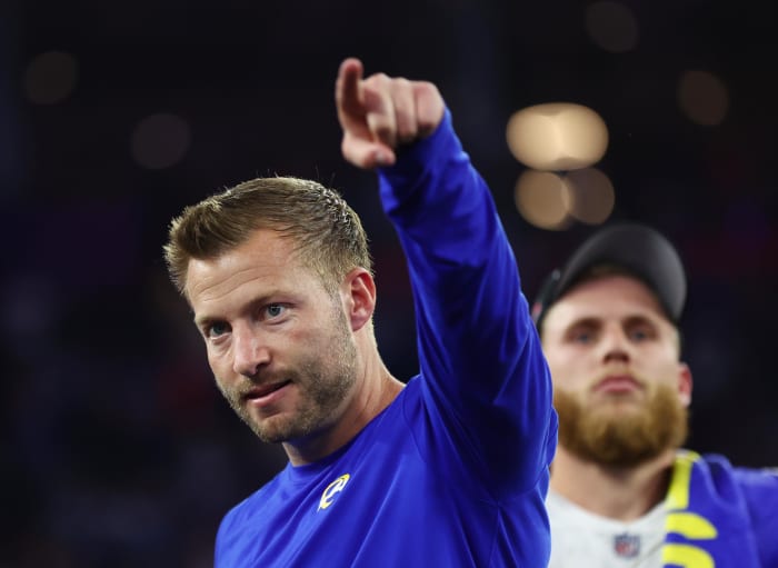 Feb 13, 2022; Inglewood, CA, USA; Los Angeles Rams head coach Sean McVay celebrates after defeating the Cincinnati Bengals in Super Bowl LVI at SoFi Stadium. Mandatory Credit: Mark J. Rebilas-USA TODAY Sports